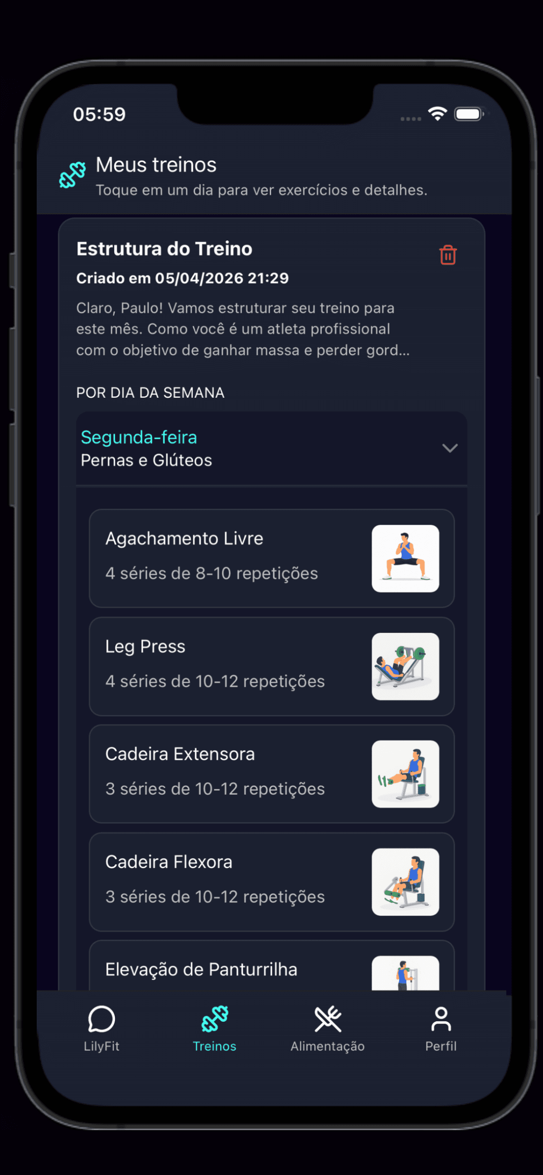Tela de treinos mostrando exercícios de ombros e abdômen