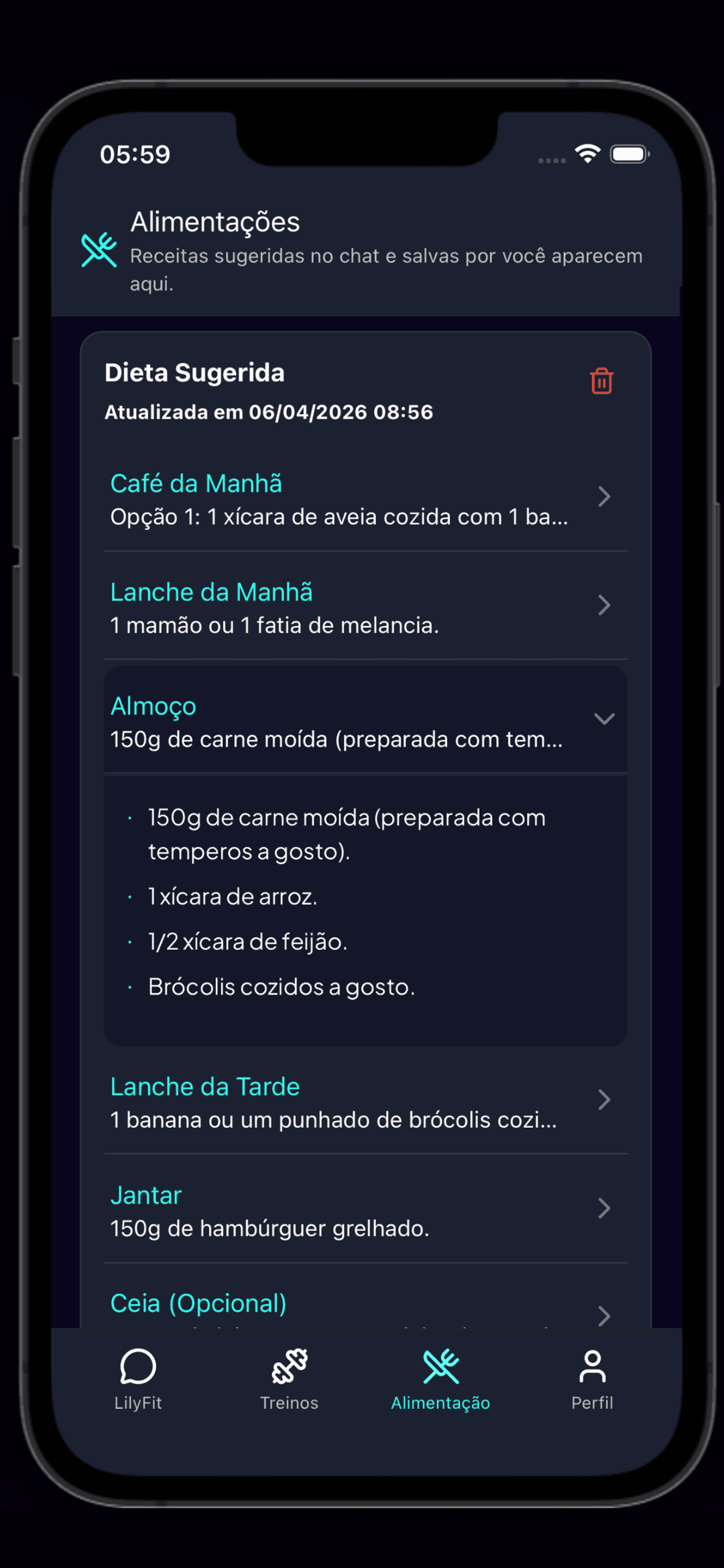 Chat da LilyFit montando um plano de treino
