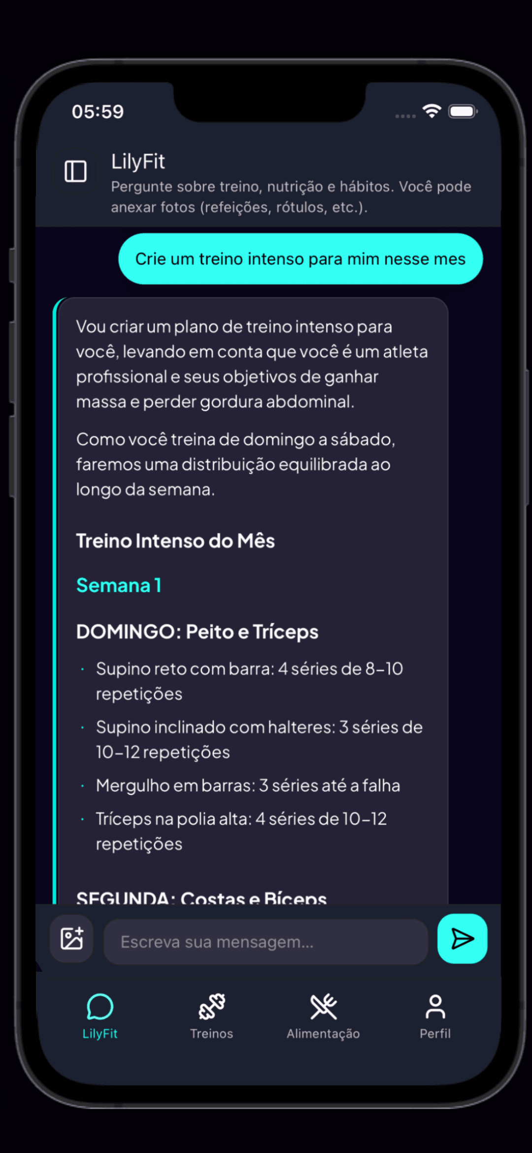 Tela de alimentações com refeições organizadas